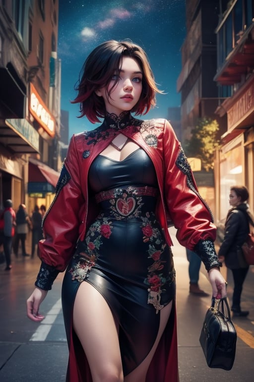 masterpiece,best quality, highly detailed, ruby_rose,1girl,solo,looking_at_viewer, cowboy shot, walking, in futuristic city street, night, stars, poakl