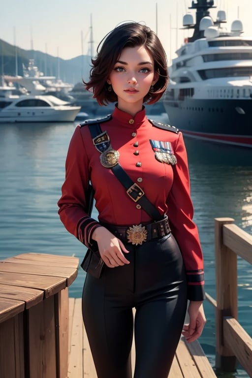 masterpiece,best quality, highly detailed, ruby_rose, looking_at_viewer, ((cowboy shot)), wearing military uniform, standing on pier, next to futuristic yacht, other military officers, poakl