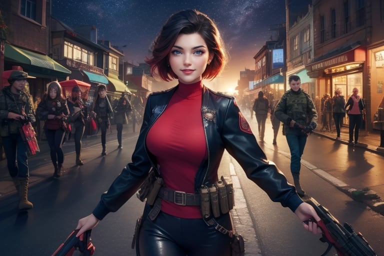 masterpiece,best quality, highly detailed, ruby_rose,1girl,solo,looking_at_viewer, smile, cowboy shot, patrolling with female military, in futuristic city street, night, stars, female military with weapons, poakl