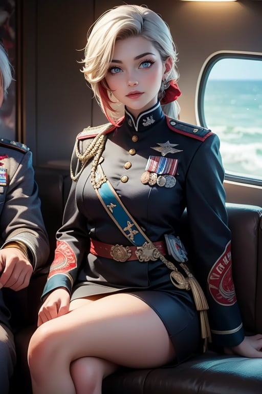 masterpiece,best quality, highly detailed, ruby_rose, looking_at_viewer, ((cowboy shot)), wearing military uniform, sitting, with white haired female military officer, officer with long white ponytail, in private jet above the sea,  other military officers on jet, poakl