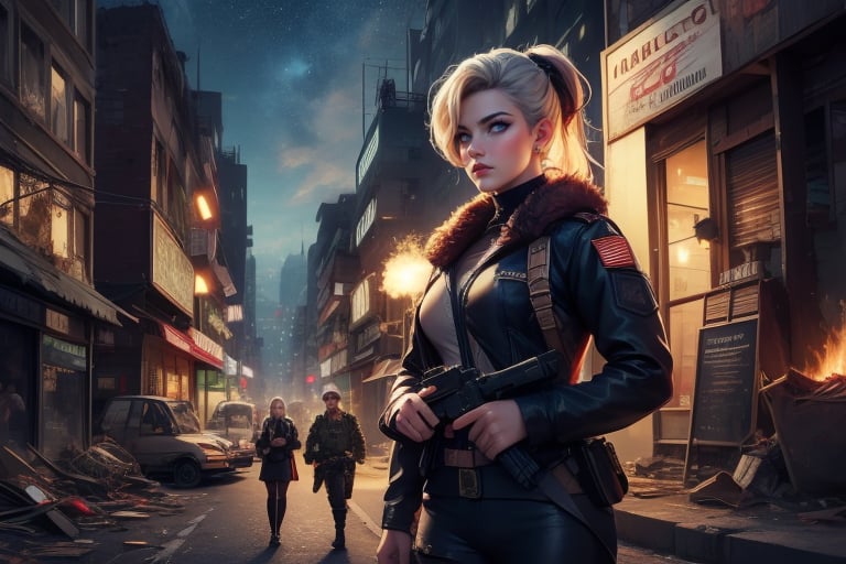 masterpiece,best quality, highly detailed, ruby_rose, looking_at_viewer,  cowboy shot, standing, with white haired female military officer, officer with long white ponytail, in futuristic city street, night, stars, female military on street, post-war ruins in distance, bonfire, post-apocalypse, dystopian future, poakl