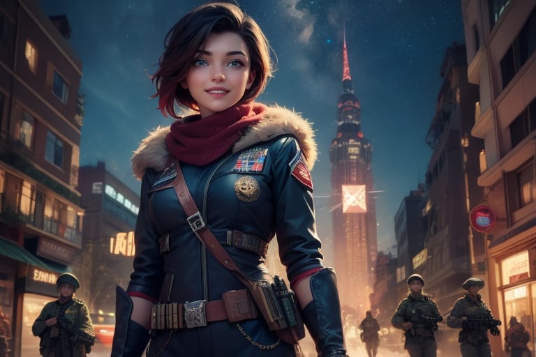 masterpiece,best quality, highly detailed, ruby_rose,1girl,solo,looking_at_viewer, smile, cowboy shot, patrolling with dark skin female military officers, in futuristic city street, night, stars, female military with weapons, poakl