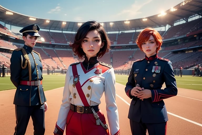 masterpiece,best quality, highly detailed, ruby_rose, very short black hair with red highlights, looking_at_viewer, ((cowboy shot)), wearing military uniform, standing with female officer (female officer has short orange hair) other military officers representing different countries, standing in stadium, small crowd, spectators, poakl