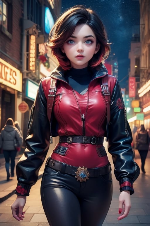 masterpiece,best quality, highly detailed, ruby_rose,1girl,solo,looking_at_viewer, cowboy shot, walking, in futuristic city street, night, stars, poakl