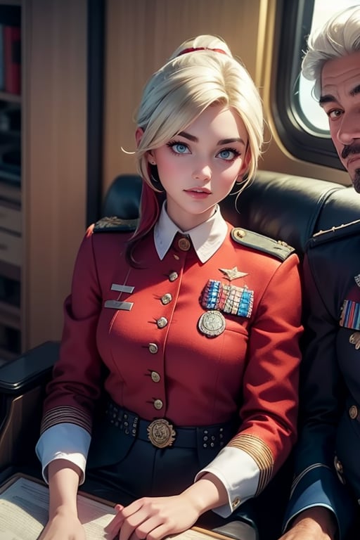 masterpiece,best quality, highly detailed, ruby_rose, looking_at_viewer, ((cowboy shot)), wearing military uniform, sitting, with white haired female military officer, officer with long white ponytail, in private jet above the sea,  other military officers on jet, poakl