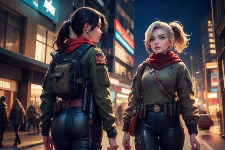 masterpiece,best quality, highly detailed, ruby_rose, looking_at_viewer,  cowboy shot, patrolling with white haired female military officer, officer with long white ponytail, in futuristic city street, night, stars, female military on street, poakl