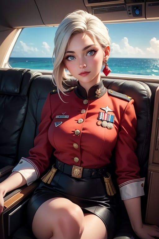 masterpiece,best quality, highly detailed, ruby_rose, looking_at_viewer, ((cowboy shot)), wearing military uniform, sitting, with white haired female military officer, officer with long white ponytail, in private jet above the sea,  other military officers on jet, poakl