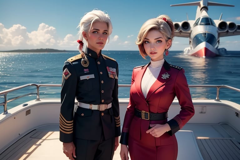 masterpiece,best quality, highly detailed, ruby_rose, looking_at_viewer, ((cowboy shot)), wearing military uniform, standing on pier, next to luxury yacht, with white haired female military officer, officer with long white ponytail, in private jet above the sea,  other military officers on jet, poakl