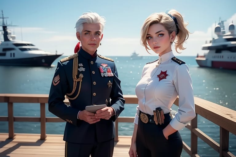 masterpiece,best quality, highly detailed, ruby_rose, looking_at_viewer, ((cowboy shot)), wearing military uniform, standing on pier, next to futuristic yacht, with white haired female military officer, officer with long white ponytail, other military officers, poakl