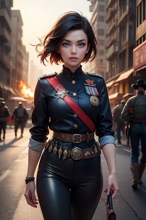 masterpiece,best quality, highly detailed, ruby_rose, looking_at_viewer, ((cowboy shot)), wearing military uniform, walking, in cityscape,  female military on street, post-war ruins in distance, bonfire, post-apocalypse, dystopian future, poakl