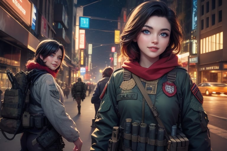 masterpiece,best quality, highly detailed, ruby_rose,1girl,solo,looking_at_viewer, smile, cowboy shot, patrolling with female military officers, in futuristic city street, night, stars, female military with weapons, poakl