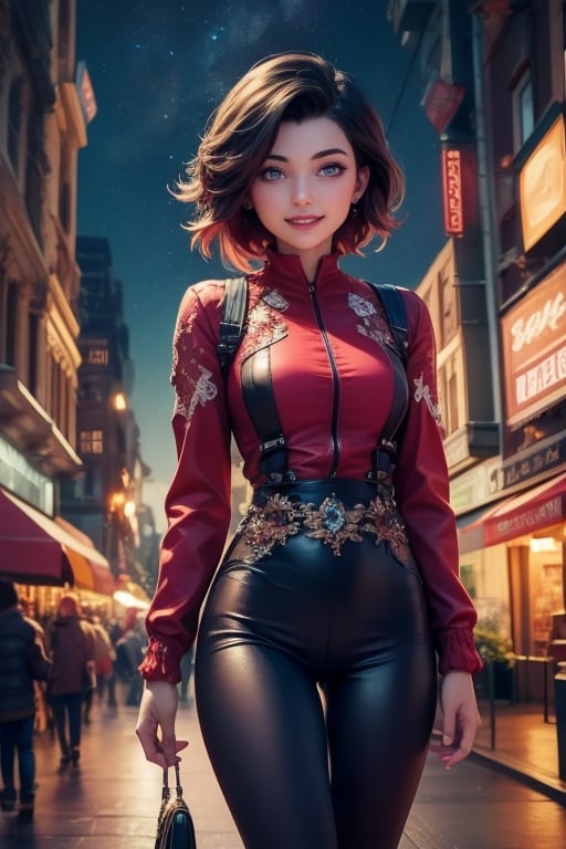 masterpiece,best quality, highly detailed, ruby_rose,1girl,solo,looking_at_viewer, smile, cowboy shot, walking, in futuristic city street, night, stars, poakl