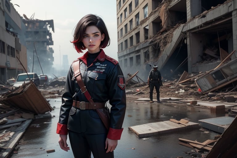 masterpiece,best quality, highly detailed, ruby_rose, very short black hair with red highlights, looking_at_viewer, ((cowboy shot)), wearing military uniform, standing with military officers from different countries, standing in collapsed stadium, bonfire, small crowd, rubble, burst waterpipe, post-apocalypse, dystopian future,  poakl