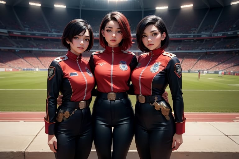 masterpiece,best quality, highly detailed, ruby_rose, very short black hair with red highlights, looking_at_viewer, ((cowboy shot)), wearing military uniform, standing with fellow female officers, standing in stadium, small crowd, spectators, poakl