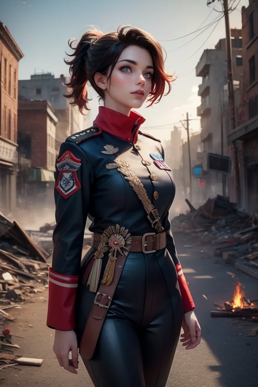 masterpiece,best quality, highly detailed, ruby_rose, looking_at_viewer, ((cowboy shot)), wearing military uniform, walking, with white haired female military officer, officer with long white ponytail, in cityscape,  female military on street, post-war ruins in distance, bonfire, post-apocalypse, dystopian future, poakl