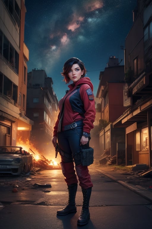 masterpiece,best quality, highly detailed, (ruby_rose, looking_at_viewer,  cowboy shot), standing, in futuristic city street, night, stars, female military on street, post-war ruins in distance, bonfire, post-apocalypse, dystopian future, poakl