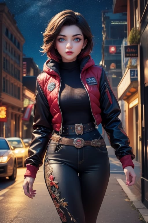 masterpiece,best quality, highly detailed, ruby_rose,1girl,solo,looking_at_viewer, cowboy shot, walking, in futuristic city street, night, stars, poakl