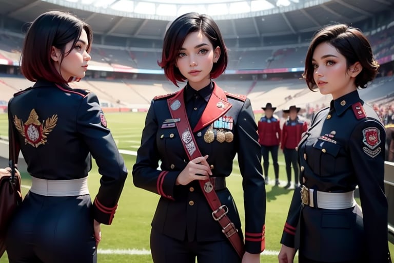 masterpiece,best quality, highly detailed, ruby_rose, very short black hair with red highlights, looking_at_viewer, ((cowboy shot)), wearing military uniform, standing with female officers who are representing different countries, standing in stadium, small crowd, spectators, poakl