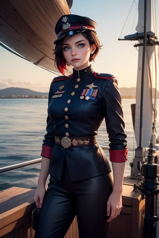 masterpiece,best quality, highly detailed, ruby_rose, looking_at_viewer, ((cowboy shot)), wearing military uniform, standing on pier, next to futuristic yacht, other military officers, poakl