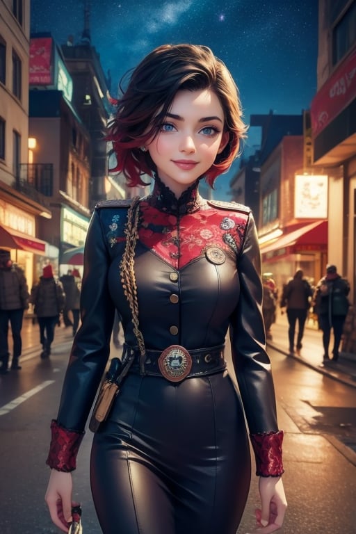 masterpiece,best quality, highly detailed, ruby_rose,1girl,solo,looking_at_viewer, smile, cowboy shot, walking, in futuristic city street, night, stars, military officers on patrol, poakl