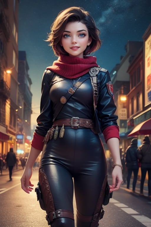 masterpiece,best quality, highly detailed, ruby_rose,1girl,solo,looking_at_viewer, smile, cowboy shot, walking, in futuristic city street, night, stars, military officers on patrol, poakl