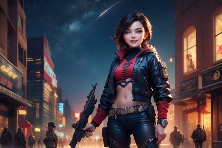 masterpiece,best quality, highly detailed, ruby_rose,1girl,solo,looking_at_viewer, smile, cowboy shot, standing, in futuristic city street, night, stars, female military patrolling with weapons, poakl