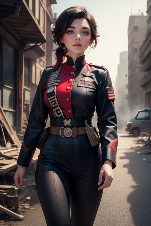 masterpiece,best quality, highly detailed, ruby_rose, looking_at_viewer, ((cowboy shot)), wearing military uniform, walking, with white haired female military officer, officer with long white ponytail, in cityscape,  female military on street, post-war ruins in distance, bonfire, post-apocalypse, dystopian future, poakl