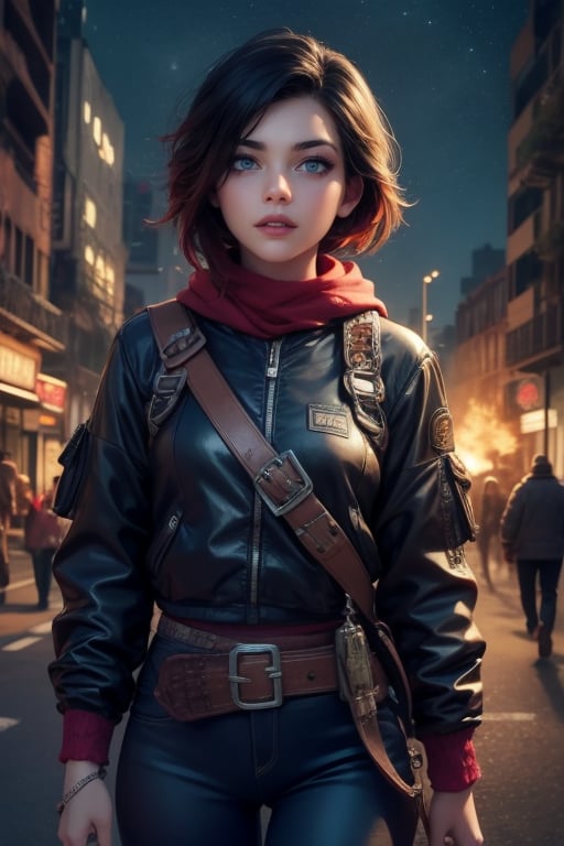 masterpiece,best quality, highly detailed, ruby_rose, looking_at_viewer,  (cowboy shot), standing, in futuristic city street, night, stars, female military on street, post-war ruins in distance, bonfire, post-apocalypse, dystopian future, poakl