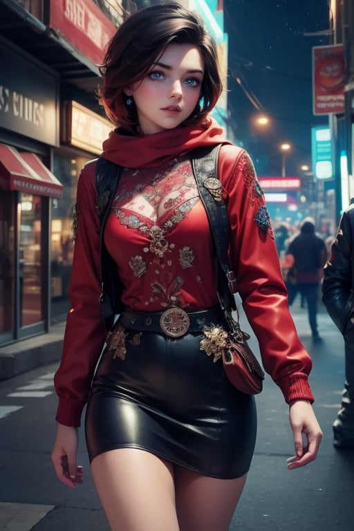 masterpiece,best quality, highly detailed, ruby_rose,1girl,solo,looking_at_viewer, cowboy shot, walking, in futuristic city street, night, stars, poakl