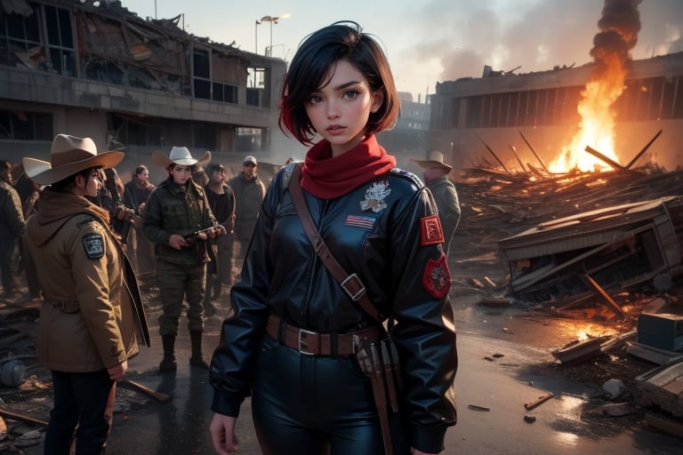 masterpiece,best quality, highly detailed, ruby_rose, very short black hair with red highlights, looking_at_viewer, ((cowboy shot)), wearing military uniform, standing with military officers from different countries, standing in collapsed stadium, bonfire, small crowd, rubble, burst waterpipe, post-apocalypse, dystopian future,  poakl