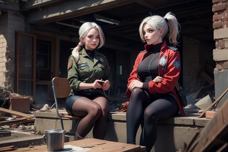 masterpiece,best quality, highly detailed, ruby_rose, looking_at_viewer, ((cowboy shot)),sitting with white haired female military officer, (officer with long white ponytail), other officers, sitting in collapsed school buildings, desks, bonfire, rubble, post-apocalypse, dystopian future,  poakl