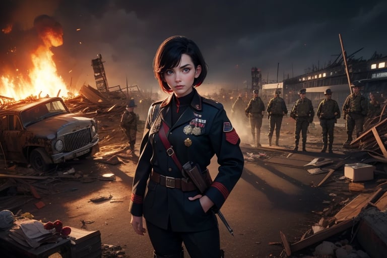 masterpiece,best quality, highly detailed, ruby_rose, very short black hair with red highlights, looking_at_viewer, ((cowboy shot)), wearing military uniform, standing with military officers from different countries, standing in collapsed stadium, bonfire, small crowd, rubble, burst waterpipe, post-apocalypse, dystopian future,  poakl