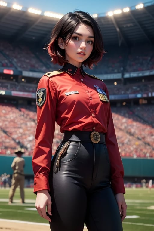 masterpiece,best quality, highly detailed, ruby_rose, very short black hair with red highlights, looking_at_viewer, ((cowboy shot)), wearing military uniform, standing with fellow female officers, standing in stadium, small crowd, spectators, poakl