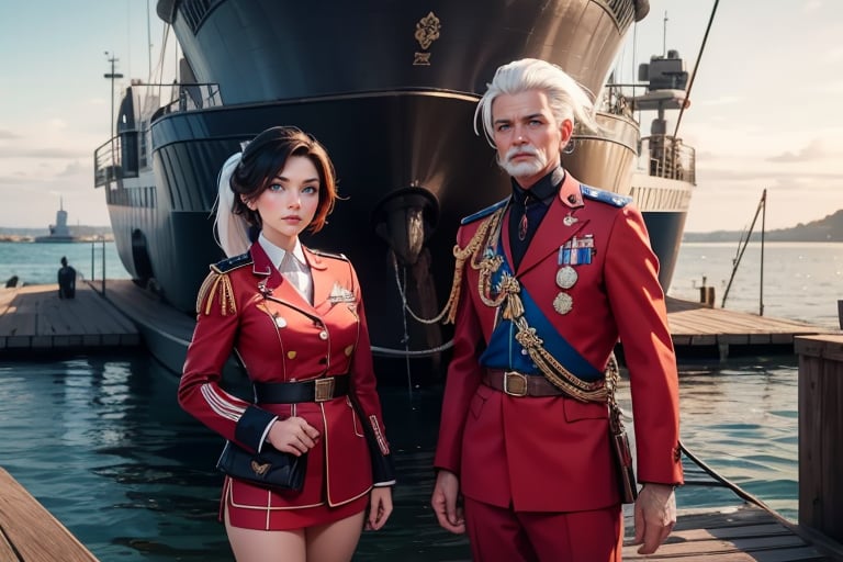 masterpiece,best quality, highly detailed, ruby_rose, looking_at_viewer, ((cowboy shot)), wearing military uniform, standing on pier, next to futuristic yacht, with white haired female military officer, officer with long white ponytail, other military officers, poakl