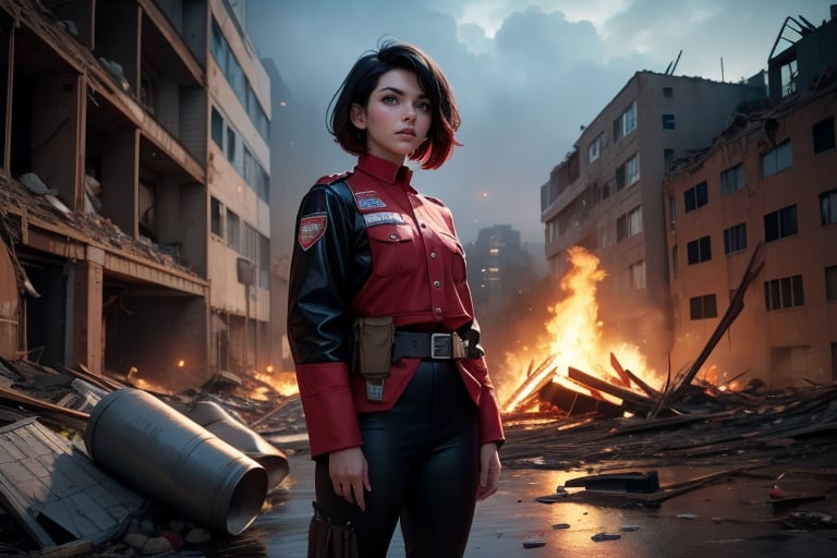 masterpiece,best quality, highly detailed, ruby_rose, very short black hair with red highlights, looking_at_viewer, ((cowboy shot)), wearing military uniform, standing with military officers from different countries, standing in collapsed stadium, bonfire, small crowd, rubble, burst waterpipe, post-apocalypse, dystopian future,  poakl