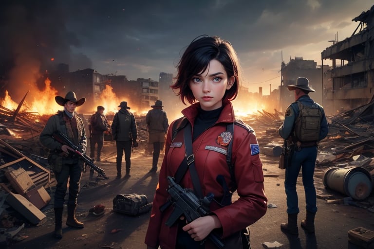 masterpiece,best quality, highly detailed, ruby_rose, very short black hair with red highlights, looking_at_viewer, ((cowboy shot)), wearing military uniform, standing with military officers from different countries, standing in collapsed stadium, bonfire, small crowd, rubble, burst waterpipe, post-apocalypse, dystopian future,  poakl