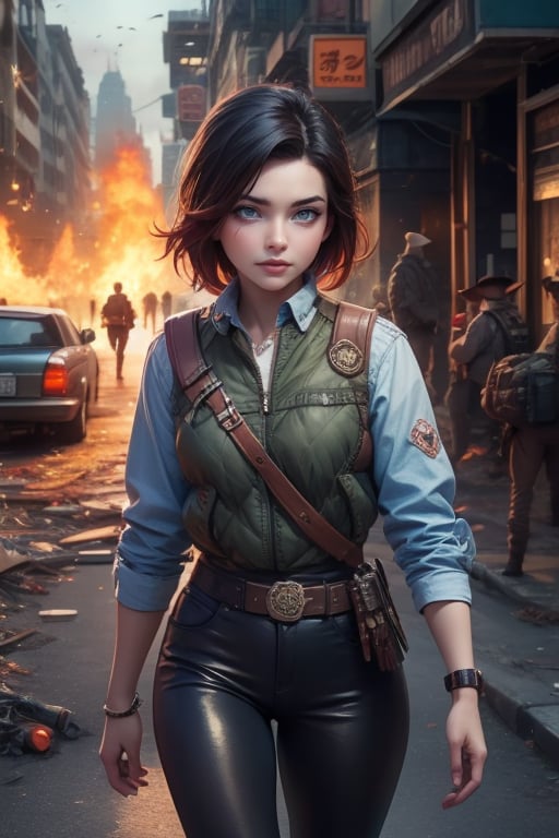 masterpiece,best quality, highly detailed, ruby_rose, looking_at_viewer, ((cowboy shot)), wearing military uniform, walking, in cityscape,  female military on street, post-war ruins in distance, bonfire, post-apocalypse, dystopian future, poakl