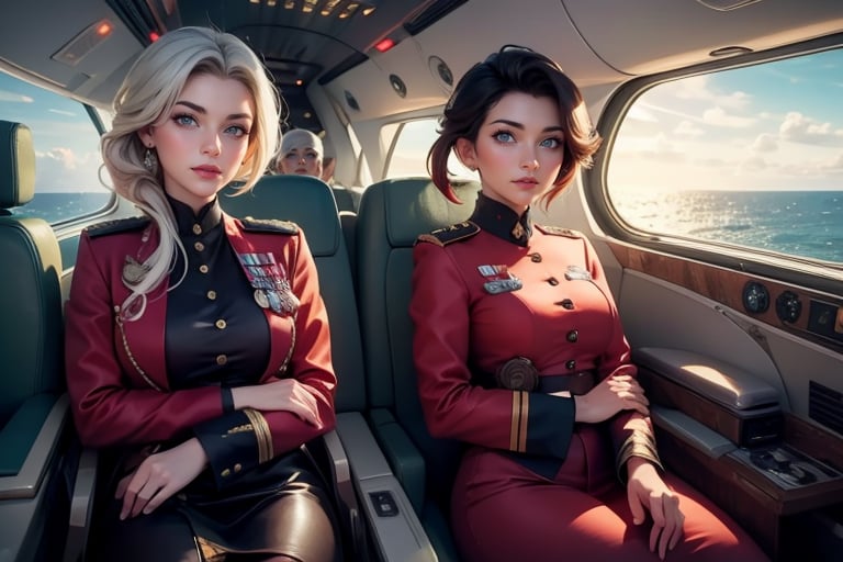 masterpiece,best quality, highly detailed, ruby_rose, looking_at_viewer, ((cowboy shot)), wearing military uniform, sitting, with white haired female military officer, officer with long white ponytail, in private jet above the sea,  other military officers on jet, poakl