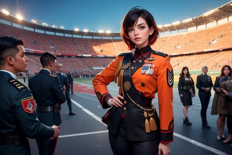 masterpiece,best quality, highly detailed, ruby_rose, very short black hair with red highlights, looking_at_viewer, ((cowboy shot)), wearing military uniform, standing with female officer (female officer has short orange hair) other military officers representing different countries, standing in stadium, small crowd, spectators, poakl