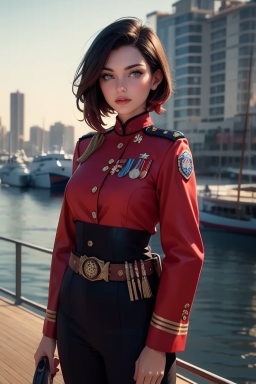 masterpiece,best quality, highly detailed, ruby_rose, looking_at_viewer, ((cowboy shot)), wearing military uniform, standing on pier, next to futuristic yacht, other military officers, poakl