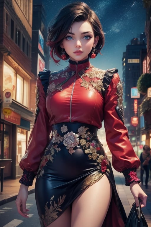 masterpiece,best quality, highly detailed, ruby_rose,1girl,solo,looking_at_viewer, cowboy shot, walking, in futuristic city street, night, stars, poakl