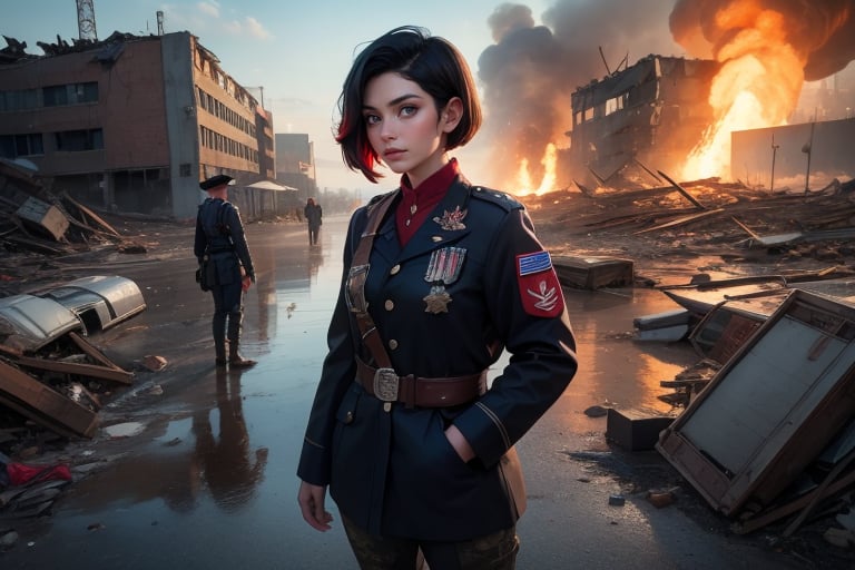 masterpiece,best quality, highly detailed, ruby_rose, very short black hair with red highlights, looking_at_viewer, ((cowboy shot)), wearing military uniform, standing with military officers from different countries, standing in collapsed stadium, bonfire, small crowd, rubble, burst waterpipe, post-apocalypse, dystopian future,  poakl