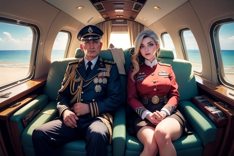 masterpiece,best quality, highly detailed, ruby_rose, looking_at_viewer, ((cowboy shot)), wearing military uniform, sitting, with white haired female military officer, officer with long white ponytail, in private jet above the sea,  other military officers on jet, poakl