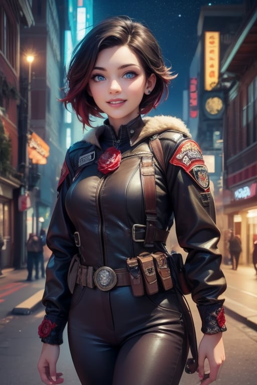 masterpiece,best quality, highly detailed, ruby_rose,1girl,solo,looking_at_viewer, smile, cowboy shot, walking, in futuristic city street, night, stars, military officers on patrol, poakl