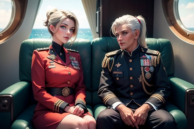 masterpiece,best quality, highly detailed, ruby_rose, looking_at_viewer, ((cowboy shot)), wearing military uniform, sitting, with white haired female military officer, officer with long white ponytail, in private jet above the sea,  other military officers on jet, poakl