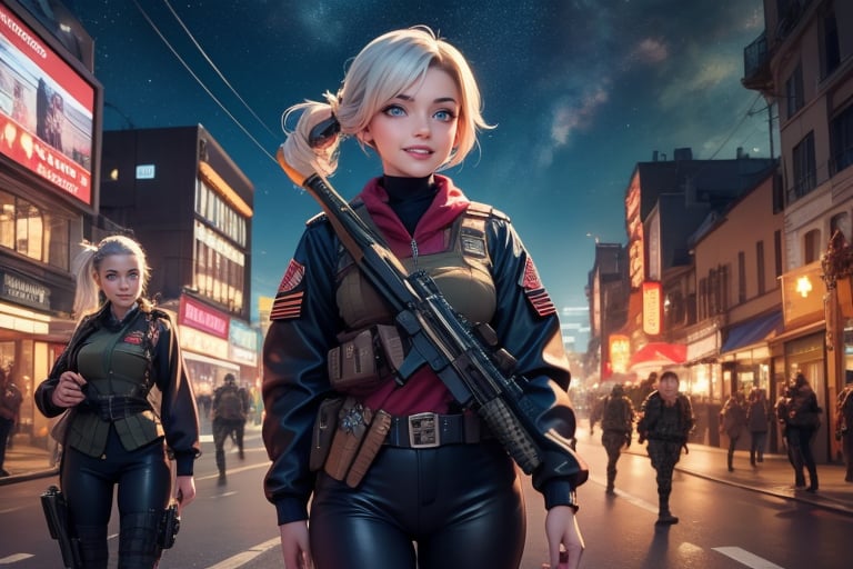 masterpiece,best quality, highly detailed, ruby_rose,1girl,solo,looking_at_viewer, smile, cowboy shot, patrolling next to female military officer with white hair (officer has long white ponytail), in futuristic city street, night, stars, female military with weapons, poakl