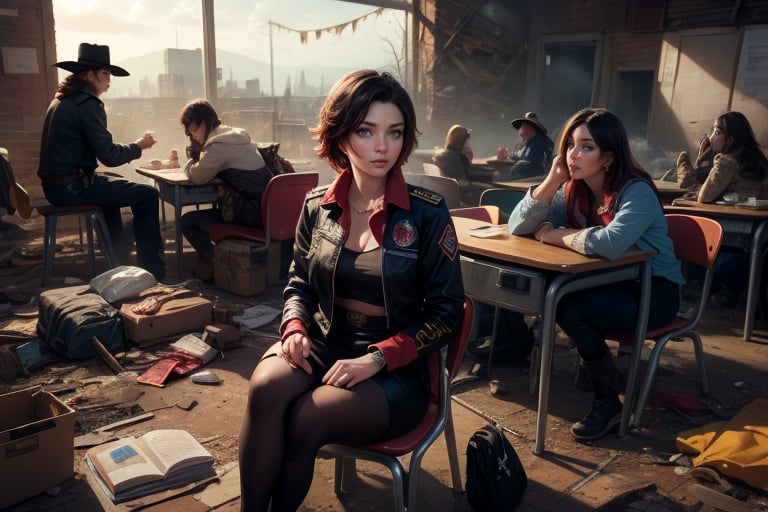 masterpiece,best quality, highly detailed, ruby_rose, looking_at_viewer, ((cowboy shot)), sitting with other female officers, sitting in collapsed school buildings, desks, bonfire, rubble, post-apocalypse, dystopian future,  poakl