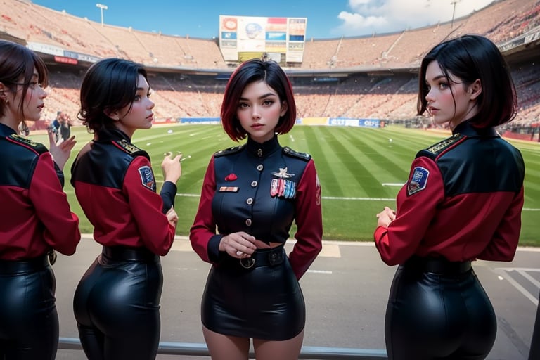 masterpiece,best quality, highly detailed, ruby_rose, very short black hair with red highlights, looking_at_viewer, ((cowboy shot)), wearing military uniform, standing with female officers who are representing different countries, standing in stadium, small crowd, spectators, poakl