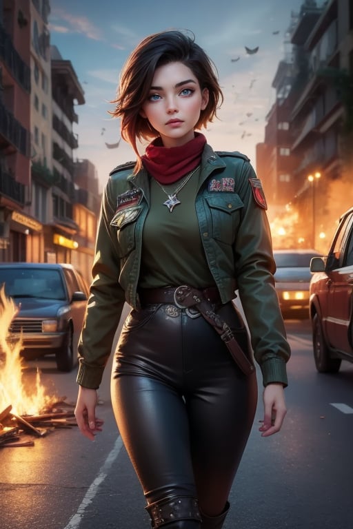 masterpiece,best quality, highly detailed, ruby_rose, looking_at_viewer, ((cowboy shot)), wearing military uniform, walking, in cityscape,  female military on street, post-war ruins in distance, bonfire, post-apocalypse, dystopian future, poakl