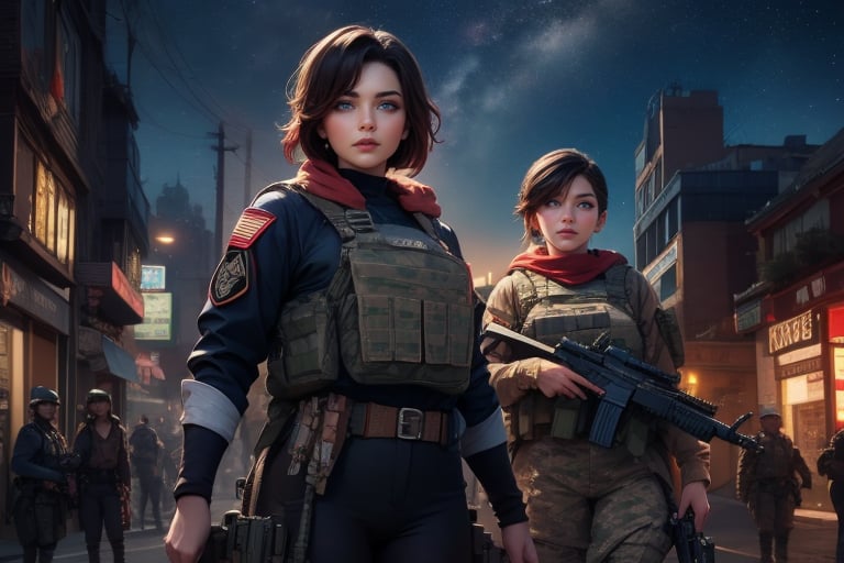 masterpiece,best quality, highly detailed, ruby_rose, looking_at_viewer,  cowboy shot, patrolling with dark skin female military officers, in futuristic city street, night, stars, female military with weapons, poakl